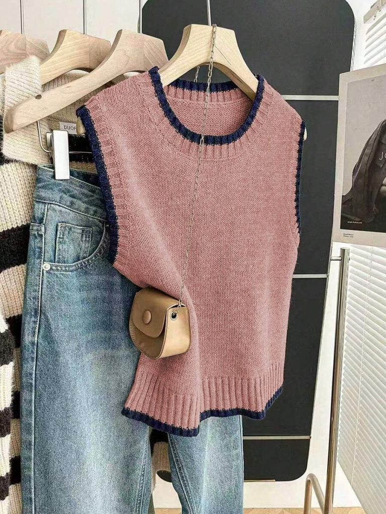 Franclia Back To School Casual Style Loose Round Neck Sleeveless Woolen Woven Contrasting Color Trimmed Khaki Autumn And Winter Women's Knitted Top Fall Clothes For Women Going Out Tops Women - Image 153