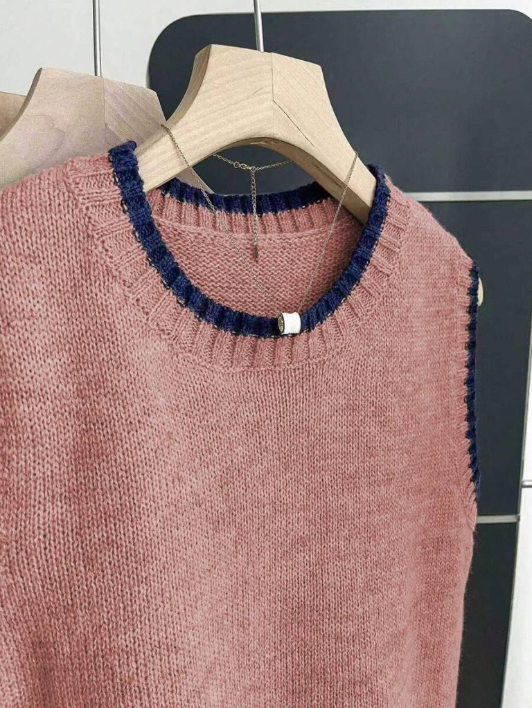 Franclia Back To School Casual Style Loose Round Neck Sleeveless Woolen Woven Contrasting Color Trimmed Khaki Autumn And Winter Women's Knitted Top Fall Clothes For Women Going Out Tops Women - Image 154