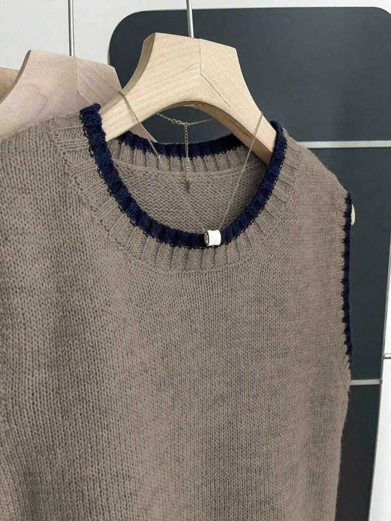 Franclia Back To School Casual Style Loose Round Neck Sleeveless Woolen Woven Contrasting Color Trimmed Khaki Autumn And Winter Women's Knitted Top Fall Clothes For Women Going Out Tops Women - Image 157