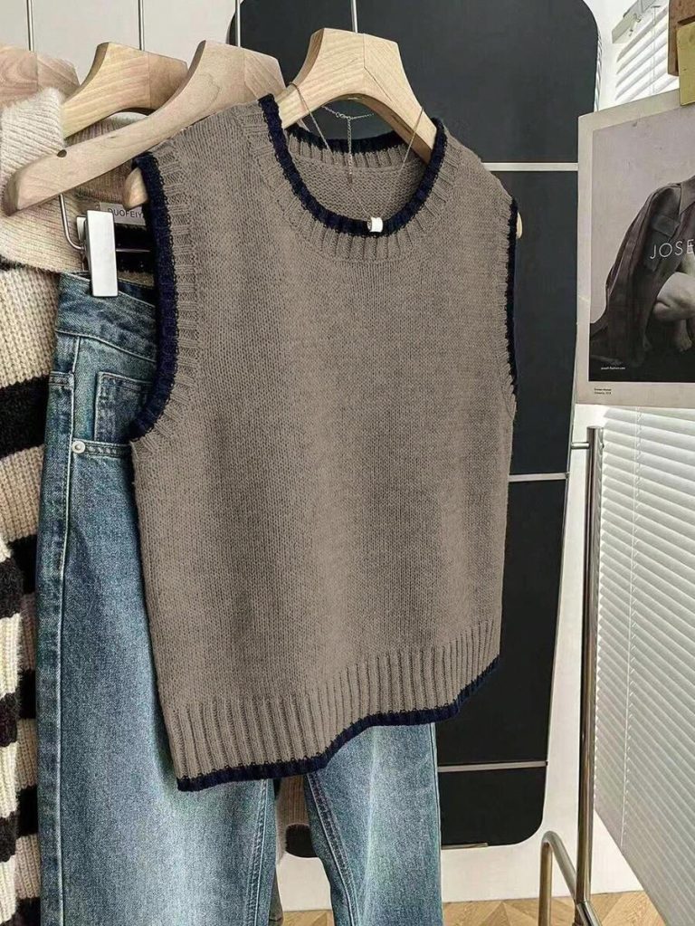 Franclia Back To School Casual Style Loose Round Neck Sleeveless Woolen Woven Contrasting Color Trimmed Khaki Autumn And Winter Women's Knitted Top Fall Clothes For Women Going Out Tops Women - Image 158