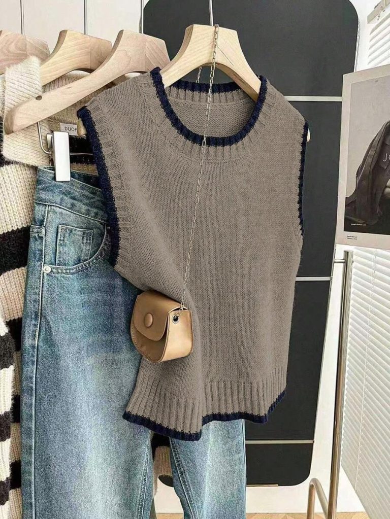 Franclia Back To School Casual Style Loose Round Neck Sleeveless Woolen Woven Contrasting Color Trimmed Khaki Autumn And Winter Women's Knitted Top Fall Clothes For Women Going Out Tops Women - Image 159