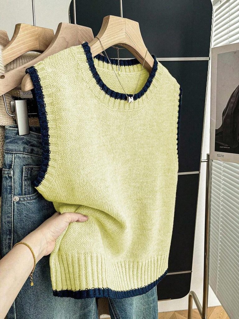 Franclia Back To School Casual Style Loose Round Neck Sleeveless Woolen Woven Contrasting Color Trimmed Khaki Autumn And Winter Women's Knitted Top Fall Clothes For Women Going Out Tops Women - Image 160