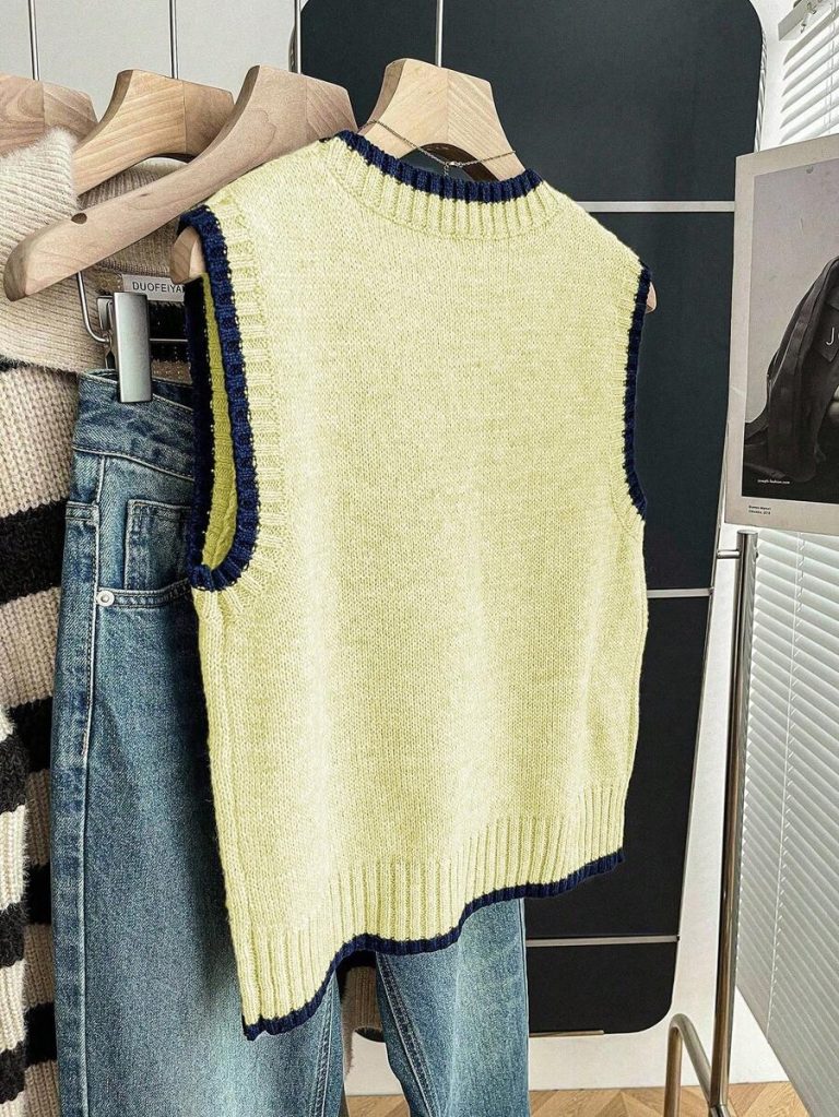 Franclia Back To School Casual Style Loose Round Neck Sleeveless Woolen Woven Contrasting Color Trimmed Khaki Autumn And Winter Women's Knitted Top Fall Clothes For Women Going Out Tops Women - Image 161