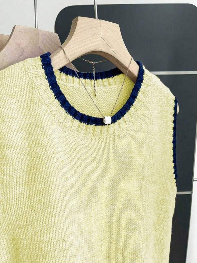 Franclia Back To School Casual Style Loose Round Neck Sleeveless Woolen Woven Contrasting Color Trimmed Khaki Autumn And Winter Women's Knitted Top Fall Clothes For Women Going Out Tops Women - Image 162