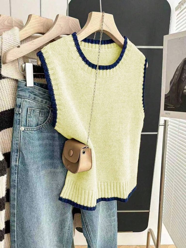 Franclia Back To School Casual Style Loose Round Neck Sleeveless Woolen Woven Contrasting Color Trimmed Khaki Autumn And Winter Women's Knitted Top Fall Clothes For Women Going Out Tops Women - Image 163