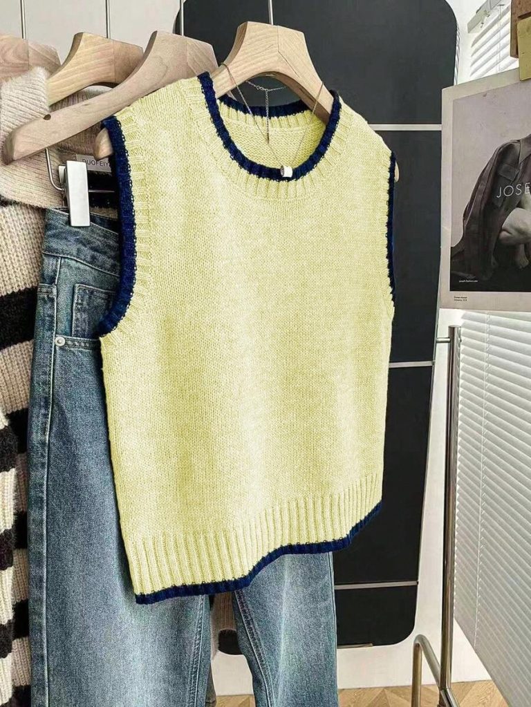Franclia Back To School Casual Style Loose Round Neck Sleeveless Woolen Woven Contrasting Color Trimmed Khaki Autumn And Winter Women's Knitted Top Fall Clothes For Women Going Out Tops Women - Image 164