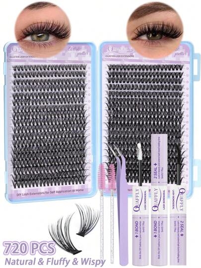 720PCS D Curl Lash Clusters Kit - 30D 40D/60D 80DLash Clusters 9-18MM Eyelash Clusters Lash Extension Kit Natural Wispy Eyelash Extension Kit Lashes Clusters With Lash Bond&Seal Lash Brush And Tweezer