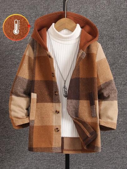 Young Boys' Fashion Single Jacket - This Is A Woven Thick And Coarse Checkered Mixed Knit Fleece Hoodie Jacket, With A Simple And Elegant Button-Up Design For Easy Wear. Suitable To Pair With Jeans Or Casual Pants, Ideal For Autumn/Winter Seasons, Daily Wear, School, And Travel To Keep Warm.