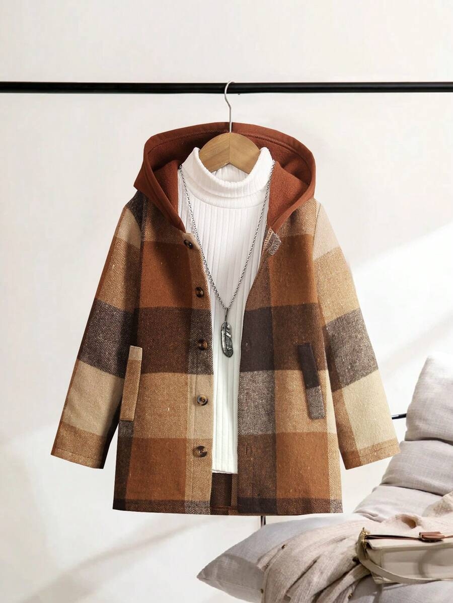 Young Boys' Fashion Single Jacket - This Is A Woven Thick And Coarse Checkered Mixed Knit Fleece Hoodie Jacket, With A Simple And Elegant Button-Up Design For Easy Wear. Suitable To Pair With Jeans Or Casual Pants, Ideal For Autumn/Winter Seasons, Daily Wear, School, And Travel To Keep Warm. - Image 4