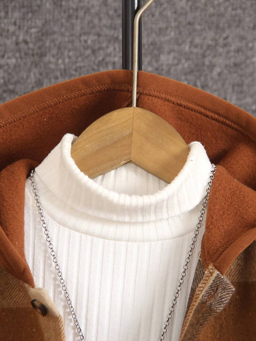 Young Boys' Fashion Single Jacket - This Is A Woven Thick And Coarse Checkered Mixed Knit Fleece Hoodie Jacket, With A Simple And Elegant Button-Up Design For Easy Wear. Suitable To Pair With Jeans Or Casual Pants, Ideal For Autumn/Winter Seasons, Daily Wear, School, And Travel To Keep Warm. - Image 5