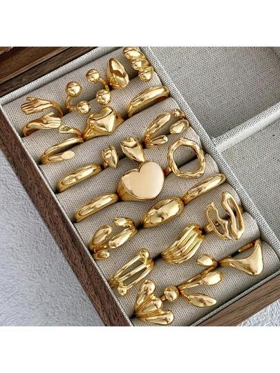 10pcs Metal Geometric Heart Shaped Rings Gift Set, Suitable For Women Everyday Wear Or Party, No Box (Mixed Styles)