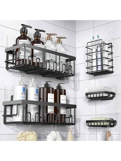 Adhesive Shower Caddy, 5 Pack Rustproof Stainless Steel Bath Organizers With Large Capacity, No Drilling Shelves For Bathroom Storage & Home Decor