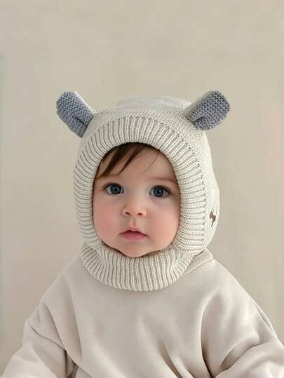 1pc Children Winter Hat With Cute Puppy Embroidery And Ear Design, Cartoon Knitted Cap For Baby Boys And Girls