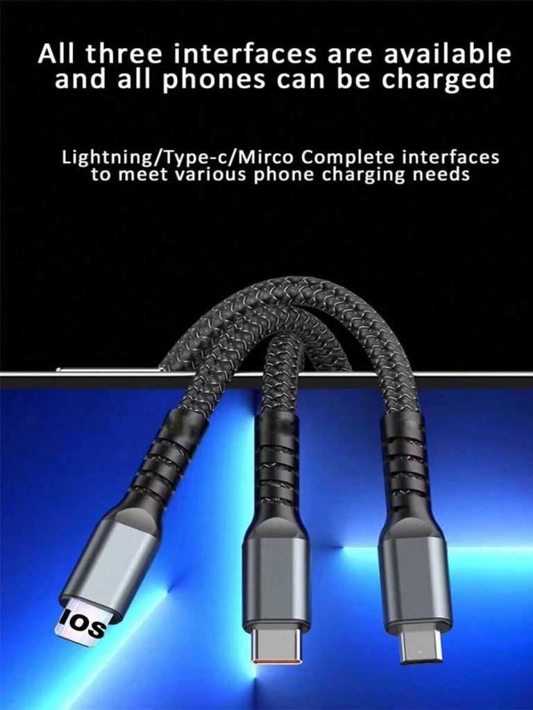 3-In-1 Super Fast Charging Cable, 3-In-1 Charging Cable With Transparent Illuminated Braided Nylon Wire, Fast Charging Data Cable Compatible With IPhone, Android, Camera, MP3 Universal Adapter 100W Nan - Image 5