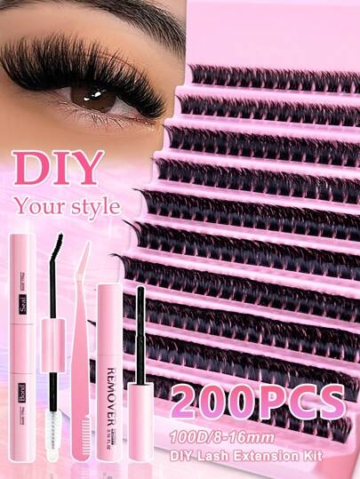 200PCS Dramatic C-Curl 8-16MM Mix DIY Lash Extension Kit Set DIY Bottom Lashes Eyelashes Book Big Volume Soft Individual Cluster Lashes Create A Fluffy Natural Wispy Y2k Butterfly Elements Pink Base Card Look At Home Long Lasting DIY Lashes Glue, DIY Glue Remover, DIY Lashes Tweezers (Bottom Lashes+100D) Lash Clusters Kit, Lashes, Eyelashes, Fake Lashes