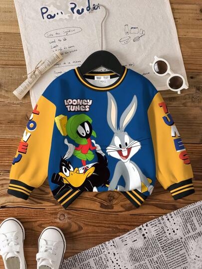 LOONEY TUNES X SHEIN Young Boy Round Neck Long Sleeve Comfortable, Casual Cartoon Cute Street School Baseball Jacket, Contrast Color Collar & Cuffs English Letter Graphic Sweatshirt Fall Winter
