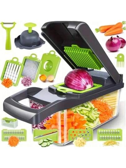 [Vegetable Slicer] 15-In-1 Vegetable Chopper, Professional Onion Chopper, Multi-Functional Food Chopper, Kitchen Vegetable Slicer And Dicer, Vegetable Chopper With 8 Blades, Carrot Chopper With Container Father Gift