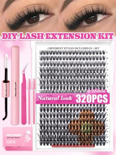 320PCS Individual Lash Clusters Natural Look&Wispy Lash Clusters 30D+40D 2 Styles Mixed D Curl 9-16mm DIY Ultra Light&Super Soft Lashes Reusable Individual Eyelash Extension Kit With Makeup Tool Eyelash Glue Bond And Seal&Tweezers&2 Brushes For Beginner Use At Home Or On-The-Go For Daily Life&Party&Music Festival&Halloweenlash Clusters Kit,Lashes,Eyelashes,Fake Lashes