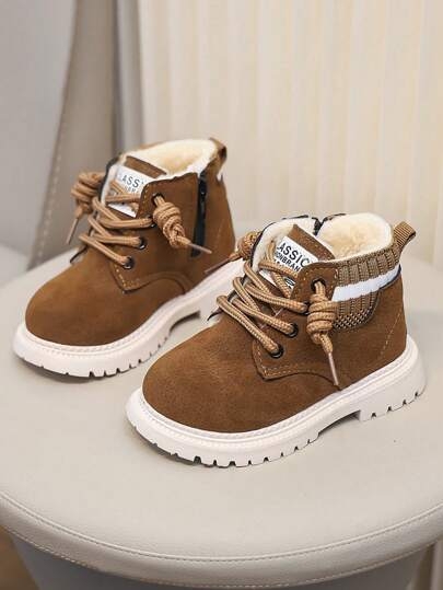 A Pair Of Children's Snow Boots For Autumn And Winter, New Lace Up Zipper Design, Thick And Warm, Lightweight And Fashionable Outdoor Snow Boots
