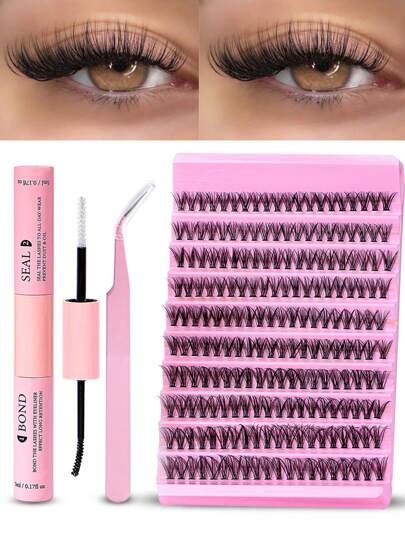 DIY Eyelash Extension Kit 200pcs Individual Lashes Cluster D Curl, 8-16mm Mix Lash Clusters With Lash Bond And Seal And Lash Applicator Tool For Self Application At Home (30D-0.07D-8-16MIX KIT) Lash Clusters Kit,Lashes,Eyelashes,Fake Lashes