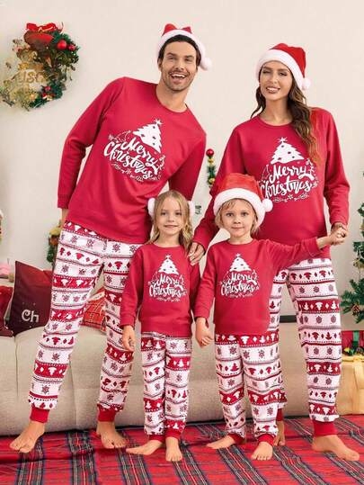 1 Set Merry Christmas Women's Pajamas - Red Long Sleeve Top With Decorative Christmas Tree Print, "Merry Christmas" Text In White Cursive Font, Contrasting Color Block Pants With Layered Christmas Tree & Snowflake Print. Stretchy, Breathable Knit Fabric, Machine Washable, Comfortable Fit, Easy Care. (4 Sets Sold Separately) Family Christmas Matching Pajamas Set, Fall Clothes