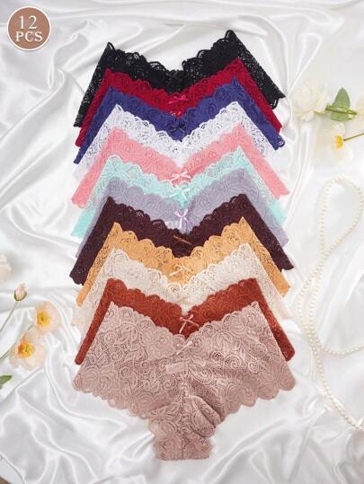 12pcs Lace Trim Sexy Triangle Panties For Women