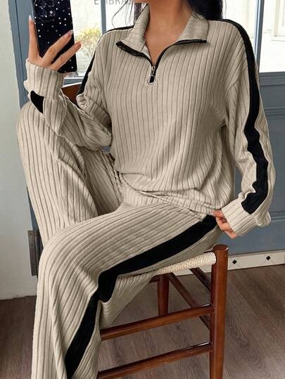 SHEIN Women's Casual Color Block Patchwork Half Zip Collar Long Sleeve Top And Wide Leg Pants Loungewear Set Loungewear Set Two Pieces Ribbed Lounge Set Two Pieces Lounge Set Long Sleeve Lounge Set Women Lounge Set, Fall Clothes