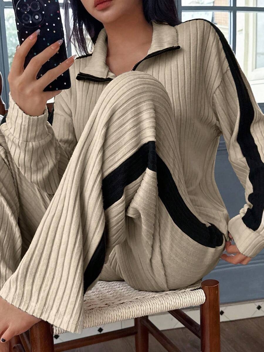 SHEIN Women's Casual Color Block Patchwork Half Zip Collar Long Sleeve Top And Wide Leg Pants Loungewear Set Loungewear Set Two Pieces Ribbed Lounge Set Two Pieces Lounge Set Long Sleeve Lounge Set Women Lounge Set, Fall Clothes - Image 10