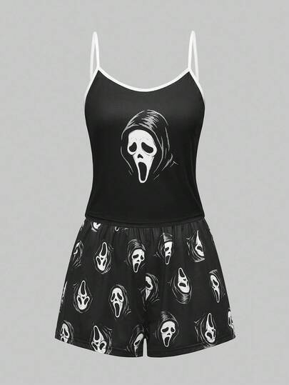 ROMWE Goth Women's Gothic Imp Pattern Contrast Color Strap Camisole & Shorts Casual Pajama Set