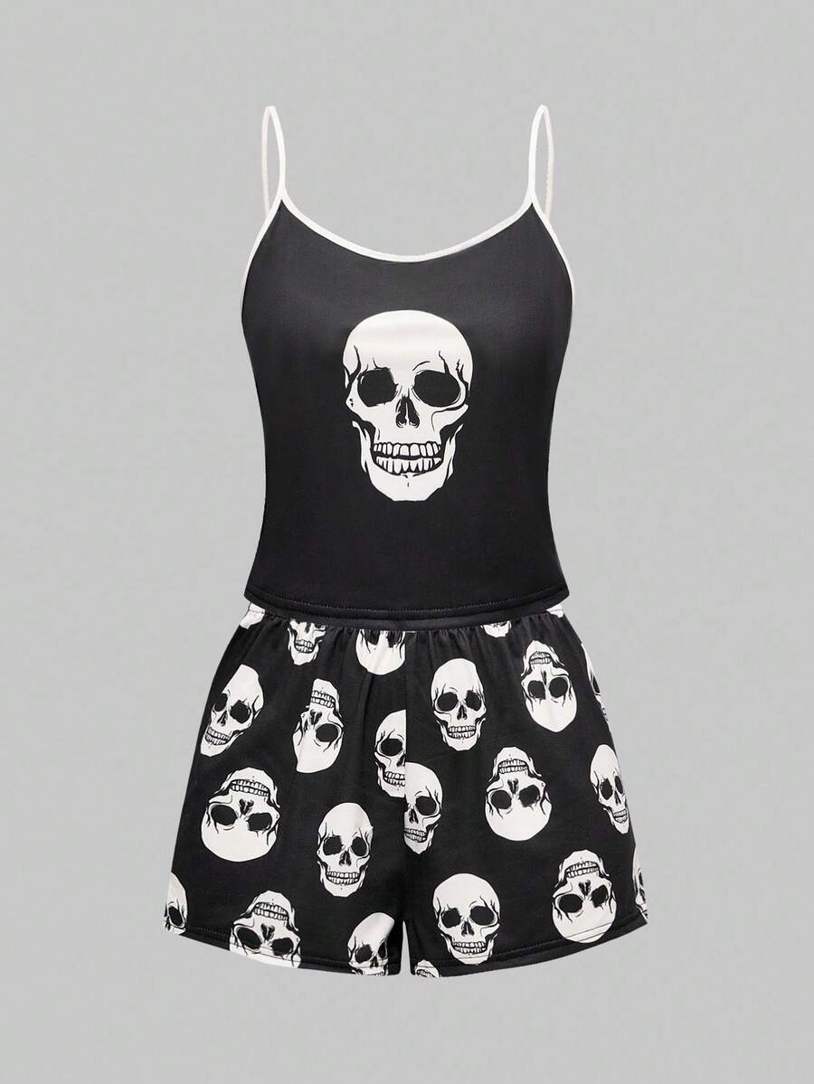 ROMWE Goth Women's Gothic Imp Pattern Contrast Color Strap Camisole & Shorts Casual Pajama Set - Image 2