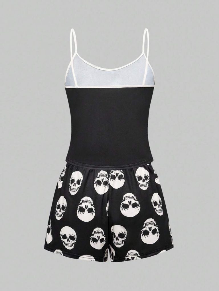 ROMWE Goth Women's Gothic Imp Pattern Contrast Color Strap Camisole & Shorts Casual Pajama Set - Image 3