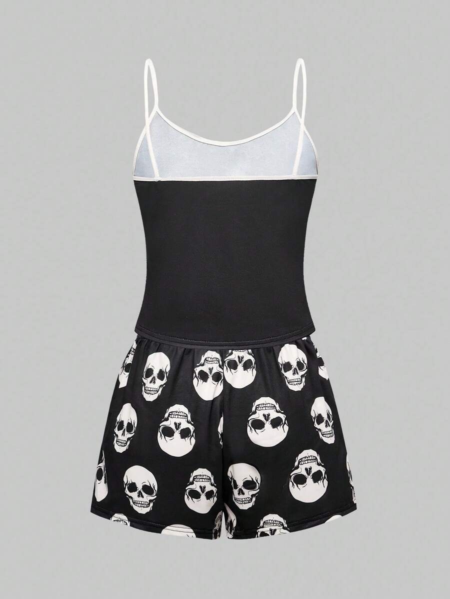 ROMWE Goth Women's Gothic Imp Pattern Contrast Color Strap Camisole & Shorts Casual Pajama Set - Image 3