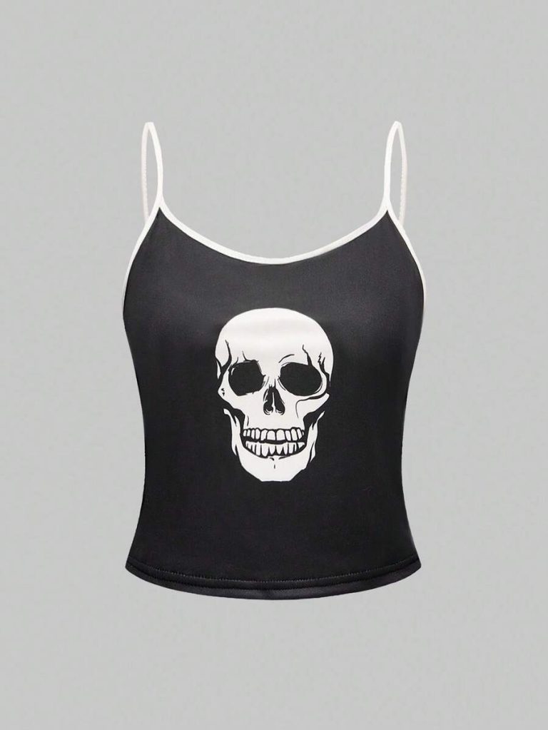 ROMWE Goth Women's Gothic Imp Pattern Contrast Color Strap Camisole & Shorts Casual Pajama Set - Image 9