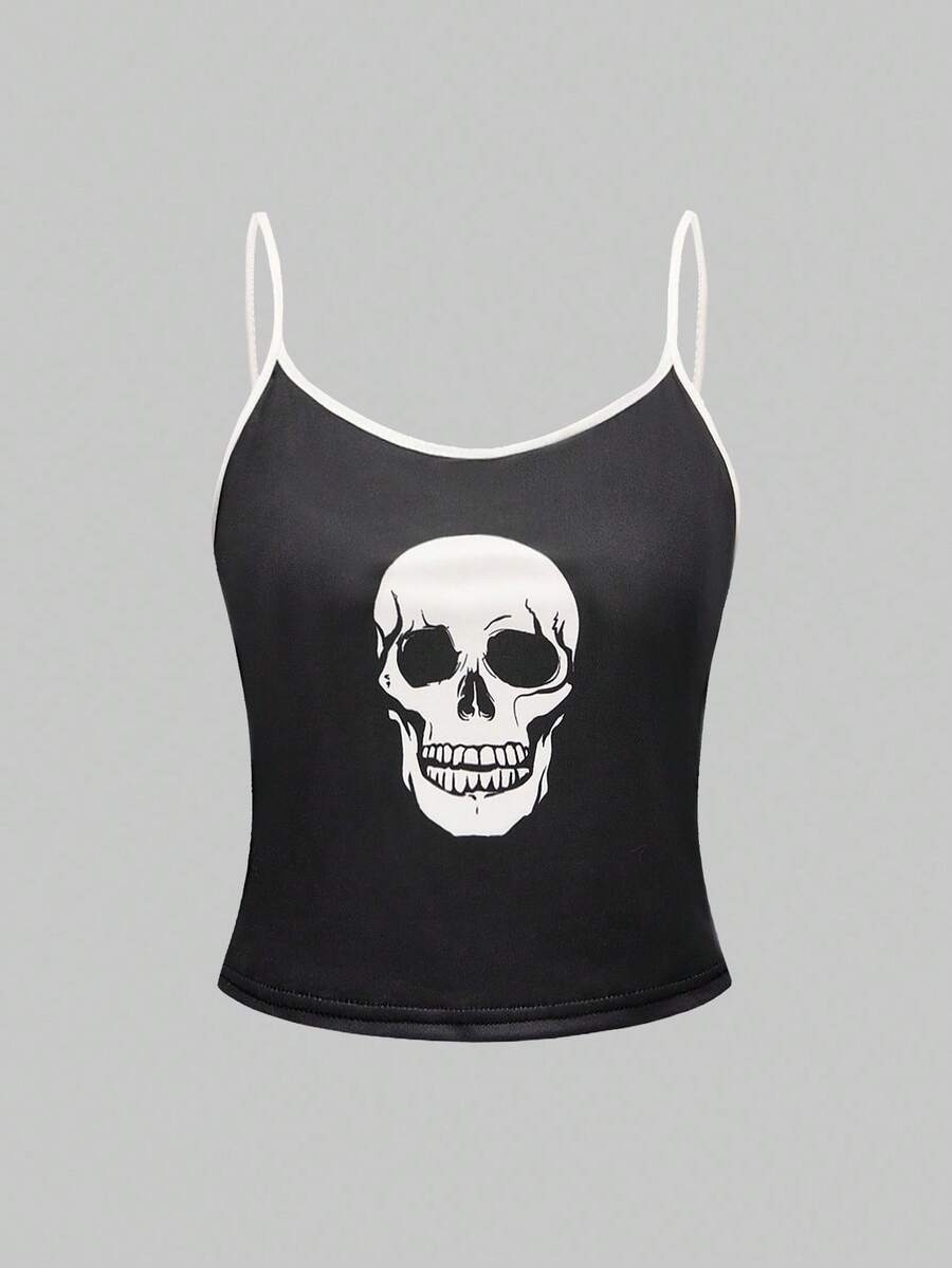 ROMWE Goth Women's Gothic Imp Pattern Contrast Color Strap Camisole & Shorts Casual Pajama Set - Image 9