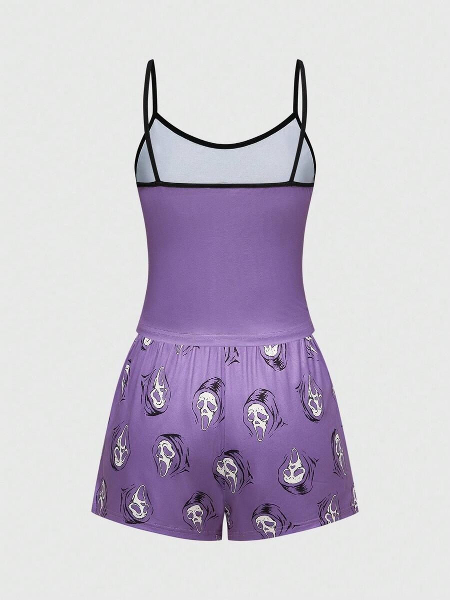 ROMWE Goth Women's Gothic Imp Pattern Contrast Color Strap Camisole & Shorts Casual Pajama Set - Image 27