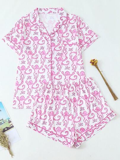 Monkey Print Women Short Sleeve & Short Pajama Set