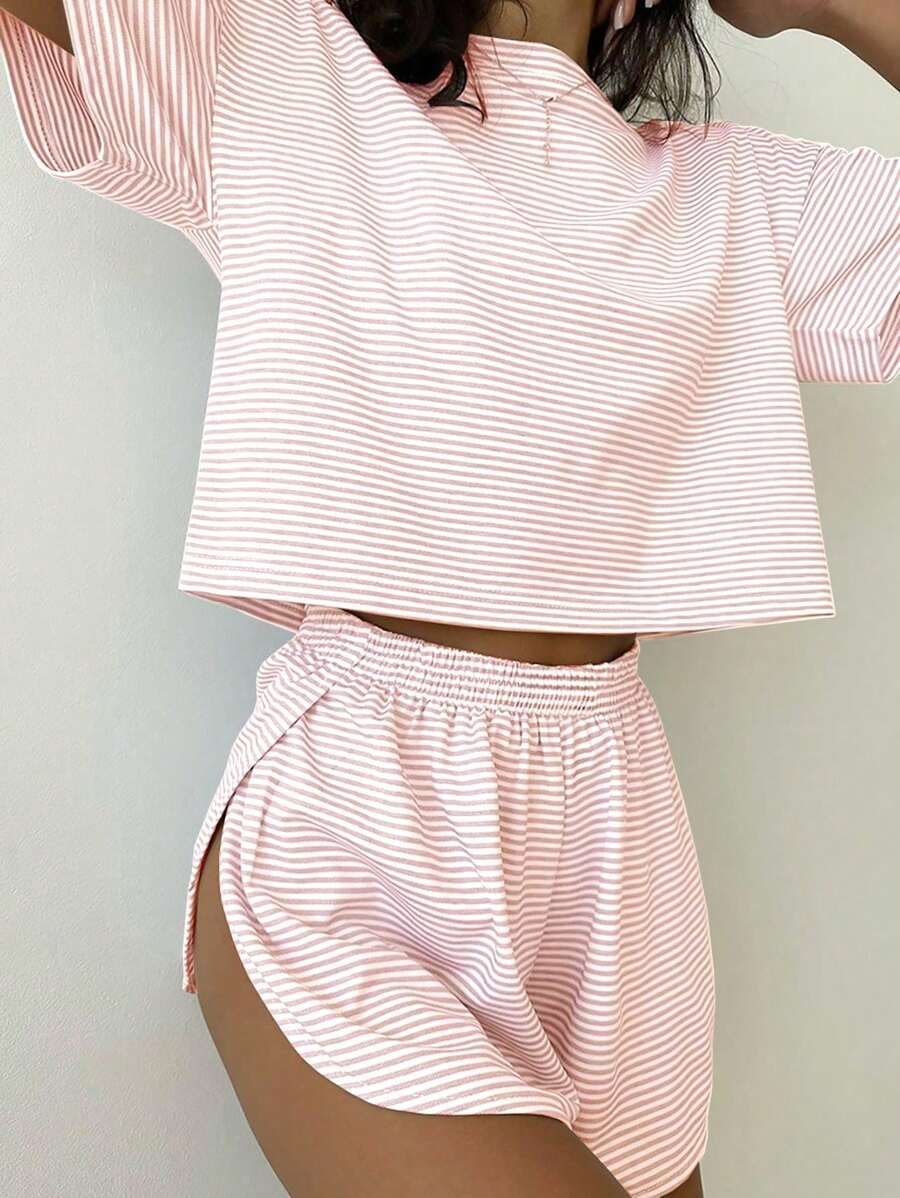 2-Pack Simple Four Seasons Spring And Summer Contrast Stripes Casual Loose Knit Short Sleeves Tops Side Slits Shorts Home Clothes Set Suitable For Home Use - Image 6