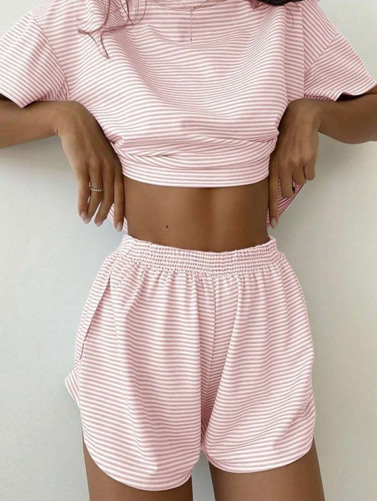 2-Pack Simple Four Seasons Spring And Summer Contrast Stripes Casual Loose Knit Short Sleeves Tops Side Slits Shorts Home Clothes Set Suitable For Home Use - Image 8