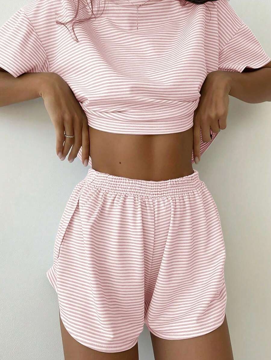 2-Pack Simple Four Seasons Spring And Summer Contrast Stripes Casual Loose Knit Short Sleeves Tops Side Slits Shorts Home Clothes Set Suitable For Home Use - Image 8