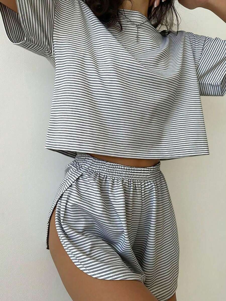 2-Pack Simple Four Seasons Spring And Summer Contrast Stripes Casual Loose Knit Short Sleeves Tops Side Slits Shorts Home Clothes Set Suitable For Home Use - Image 10