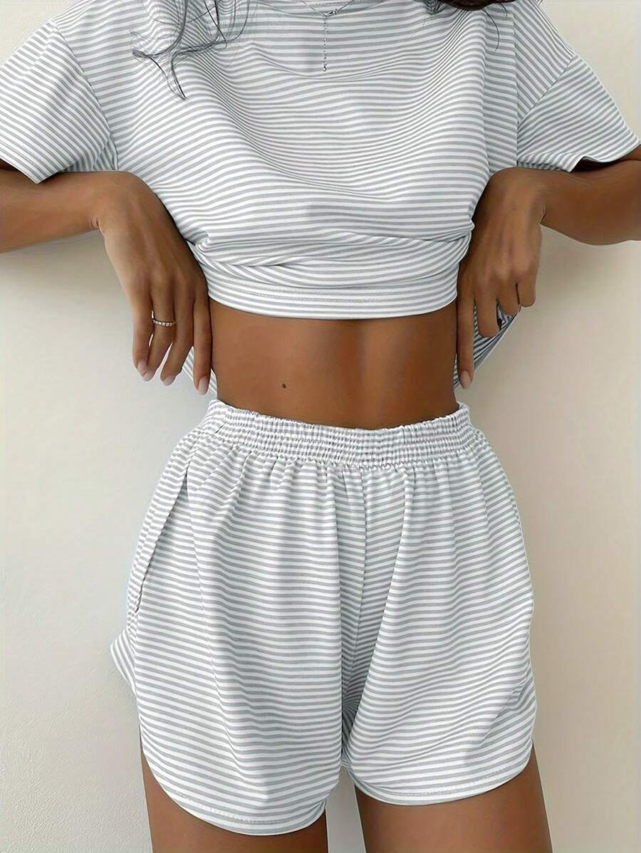 2-Pack Simple Four Seasons Spring And Summer Contrast Stripes Casual Loose Knit Short Sleeves Tops Side Slits Shorts Home Clothes Set Suitable For Home Use - Image 14