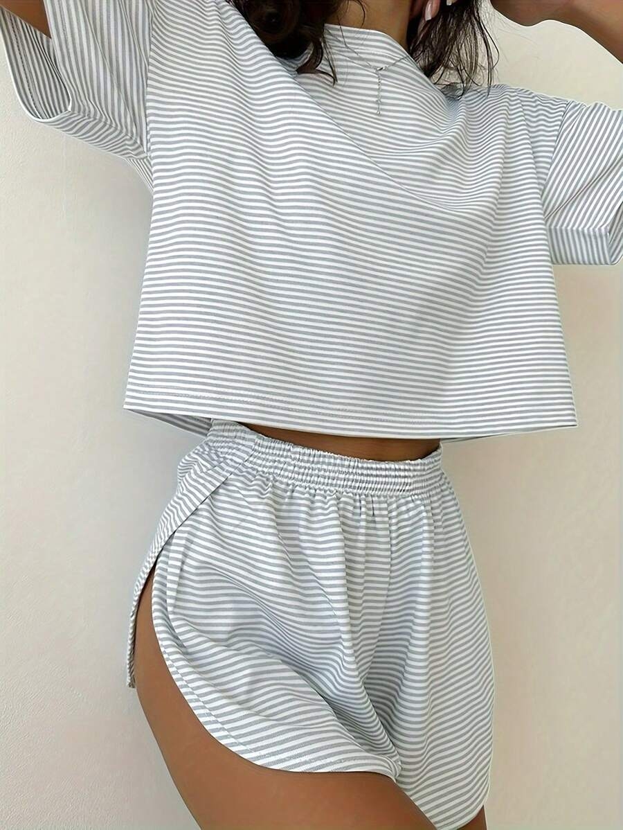 2-Pack Simple Four Seasons Spring And Summer Contrast Stripes Casual Loose Knit Short Sleeves Tops Side Slits Shorts Home Clothes Set Suitable For Home Use - Image 16