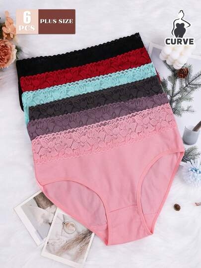 6-Piece Plus-Size Triangle Panties With Lace Waistband, Featuring Lace Splicing Material, Are Soft, Comfortable, Breathable, With Mid-High Waist Elasticity, An Optimal Choice For Daily Wear.