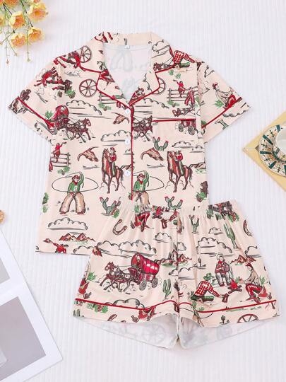2pcs Women Western Cowgirl & Wagon Print Sleepwear Set, Elastic Waist, Cartoon Pattern, Short Sleeve Top And Shorts, Comfortable For All Seasons