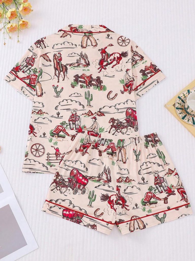 2pcs Women Western Cowgirl & Wagon Print Sleepwear Set, Elastic Waist, Cartoon Pattern, Short Sleeve Top And Shorts, Comfortable For All Seasons - Image 3