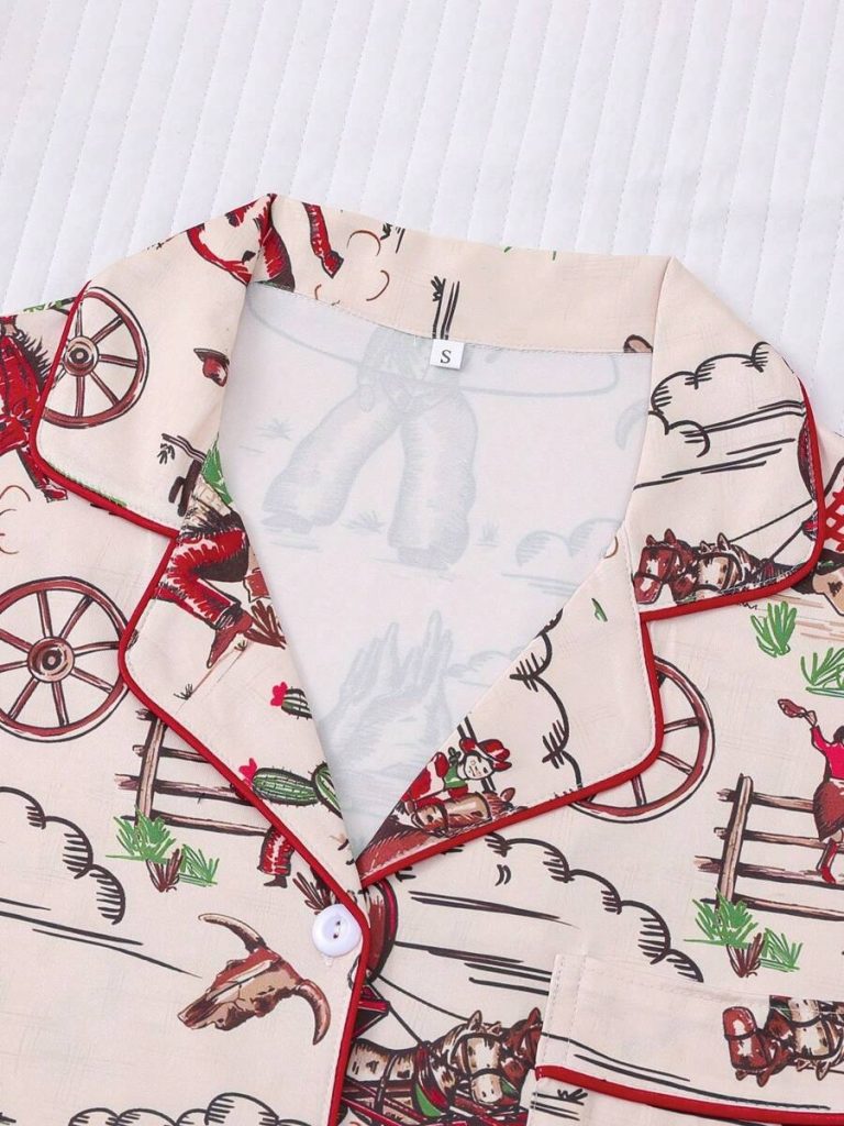 2pcs Women Western Cowgirl & Wagon Print Sleepwear Set, Elastic Waist, Cartoon Pattern, Short Sleeve Top And Shorts, Comfortable For All Seasons - Image 4
