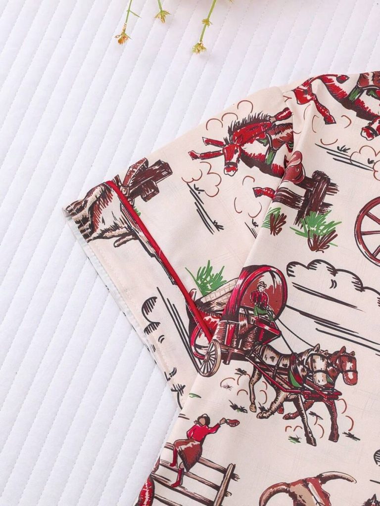 2pcs Women Western Cowgirl & Wagon Print Sleepwear Set, Elastic Waist, Cartoon Pattern, Short Sleeve Top And Shorts, Comfortable For All Seasons - Image 5