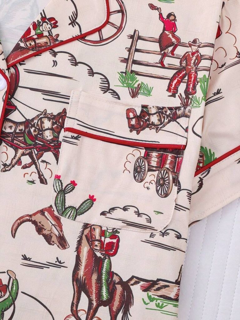 2pcs Women Western Cowgirl & Wagon Print Sleepwear Set, Elastic Waist, Cartoon Pattern, Short Sleeve Top And Shorts, Comfortable For All Seasons - Image 6
