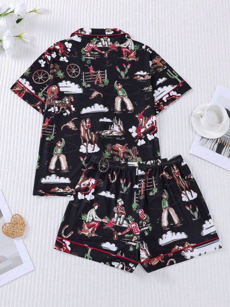 2pcs Women Western Cowgirl & Wagon Print Sleepwear Set, Elastic Waist, Cartoon Pattern, Short Sleeve Top And Shorts, Comfortable For All Seasons - Image 13