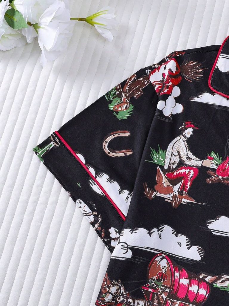 2pcs Women Western Cowgirl & Wagon Print Sleepwear Set, Elastic Waist, Cartoon Pattern, Short Sleeve Top And Shorts, Comfortable For All Seasons - Image 15